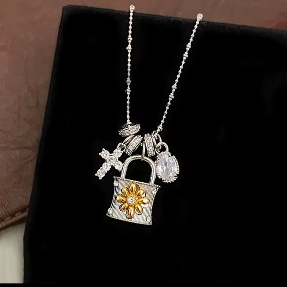 Silver Padlock Charm Necklace with Yellow Flower - Picture 2 of 3